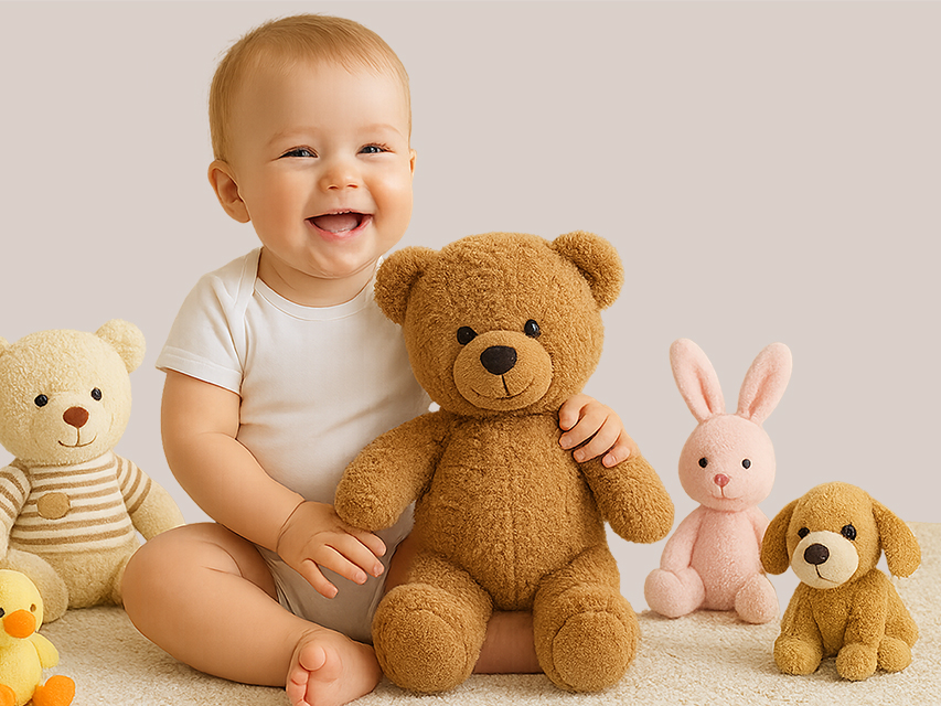 Soft plush teddy bear and handmade bunny toys on cream background