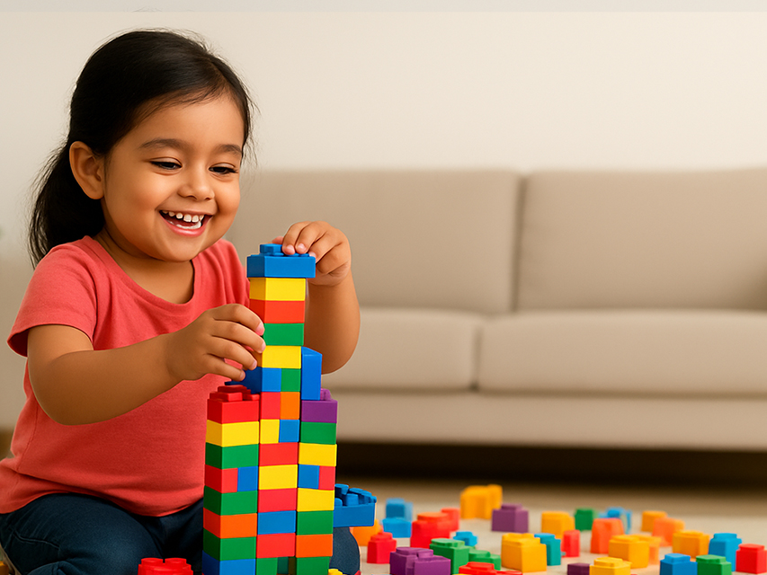Children playing with colorful building blocks