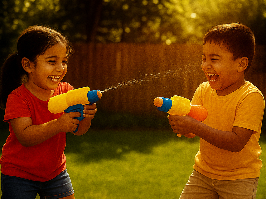 Kids running and playing with outdoor toys in a park