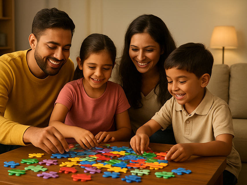 Family playing colorful puzzles together on a table
