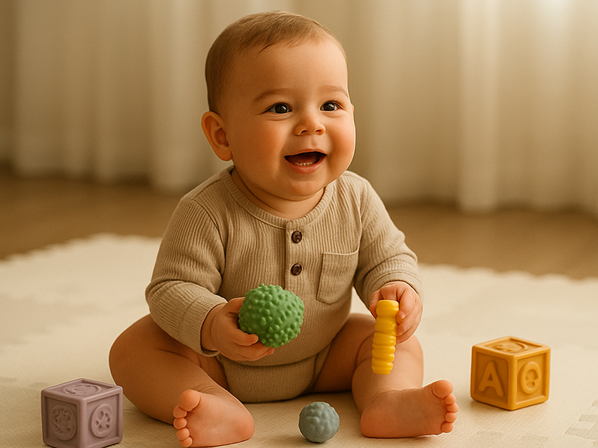 Toddler exploring baby-safe sensory toys on a mat